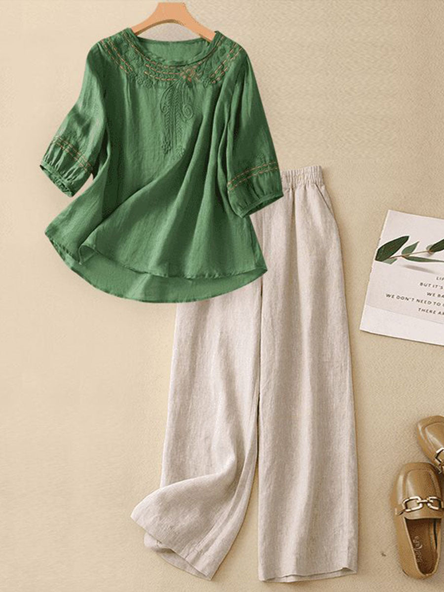 Women's Linen Two Piece Set Long Sleeve Top and Wide Leg Pants