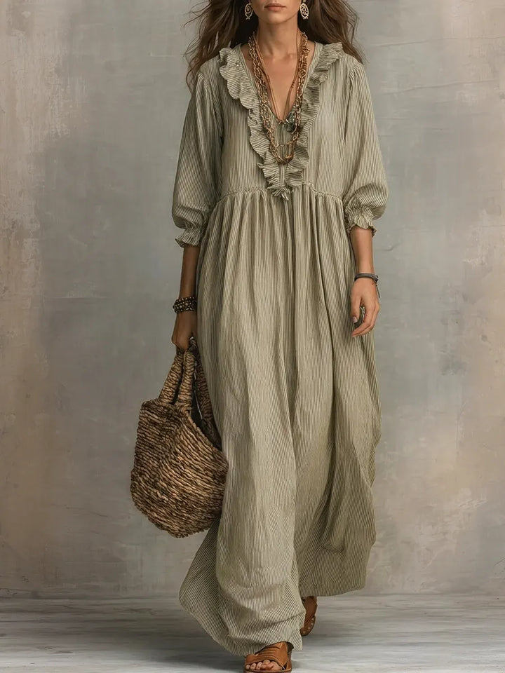 Linen Maxi Dress Women V Neck Boho Long Sleeve Kaftan Gown