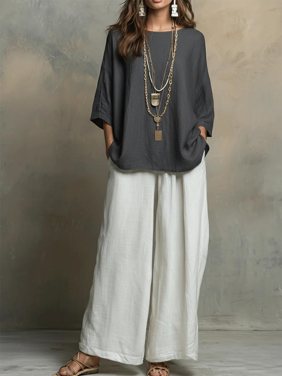Women's Linen Two Piece Wide Leg Trousers and Oversized Top Set