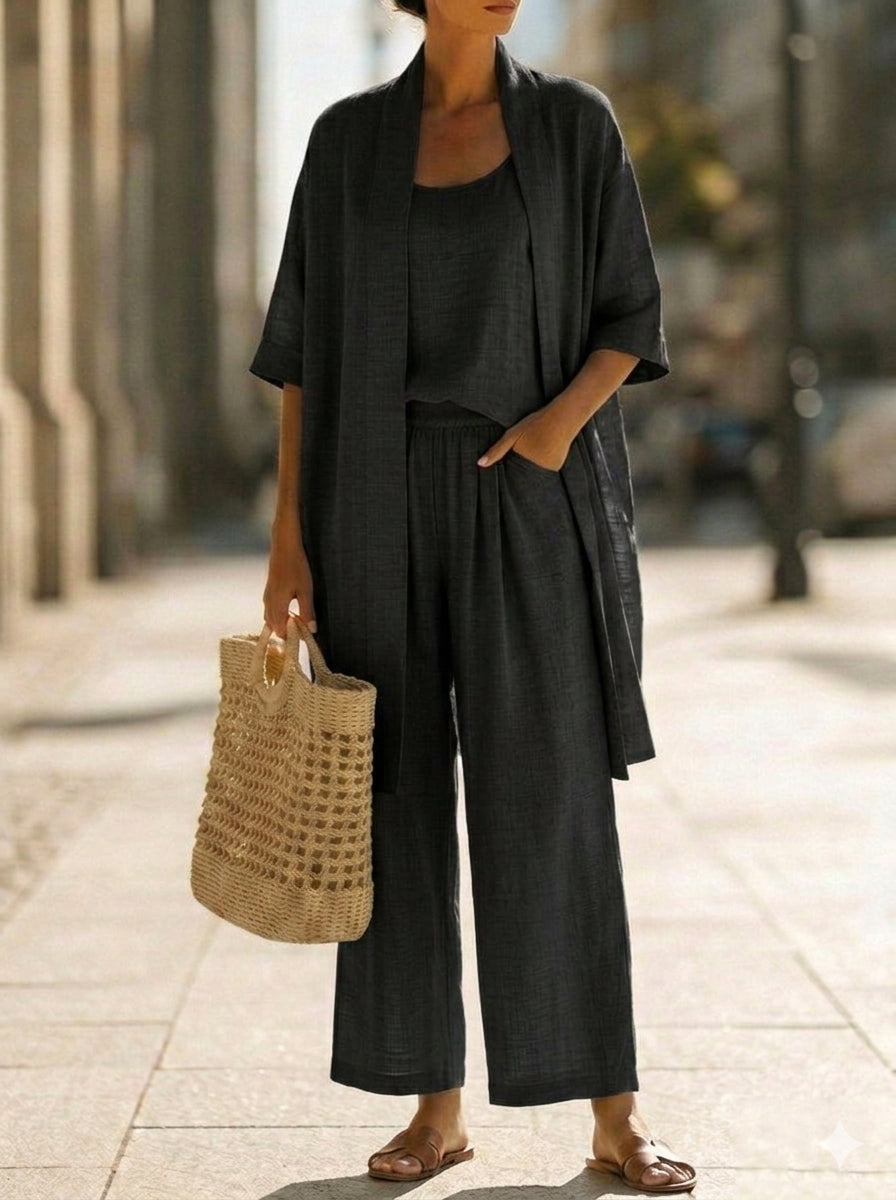 Women's Linen Blend 3 Piece Wide Leg Trouser Set with Open Front Cardigan