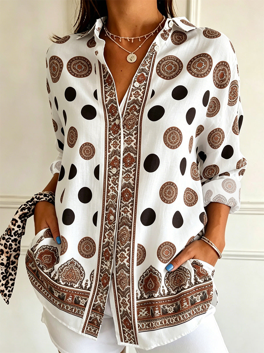 Women's Polka-Dot Print Button Down Long Sleeve Linen Blouse