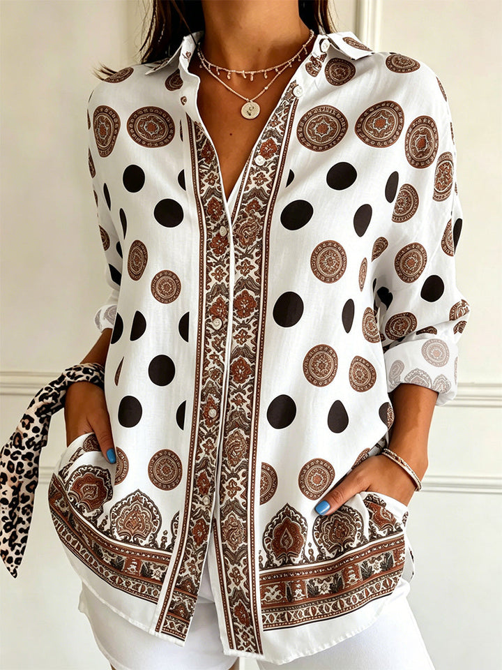 Women's Polka-Dot Print Button Down Long Sleeve Linen Blouse