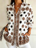 Women's Polka-Dot Print Button Down Long Sleeve Linen Blouse