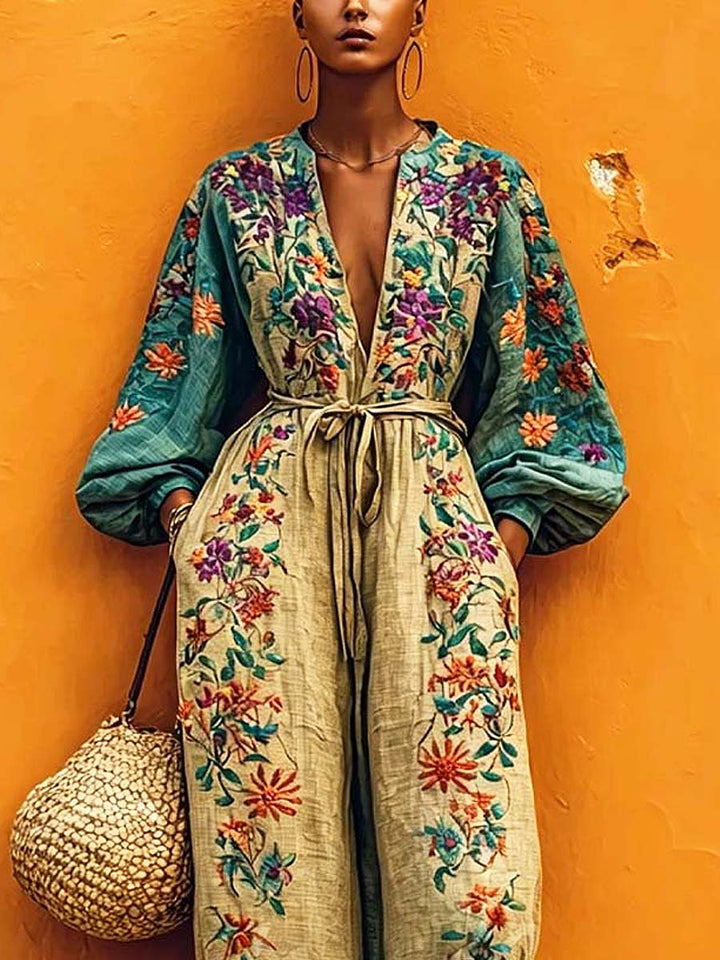 Women's Floral Linen Long Sleeve V-Neck Wide Leg Harem Jumpsuit