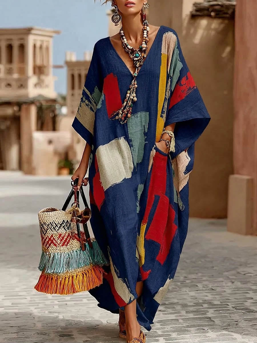 Women's Linen Kaftan V-Neck Oversized Maxi Dress