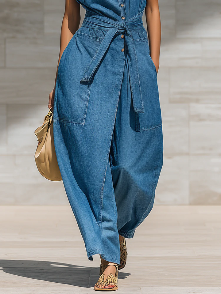 Women's V-Neck Sleeveless Denim Jumpsuit with Belted Waist