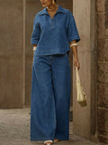 Women's Denim Wide Leg Trousers and Top Two Piece Set