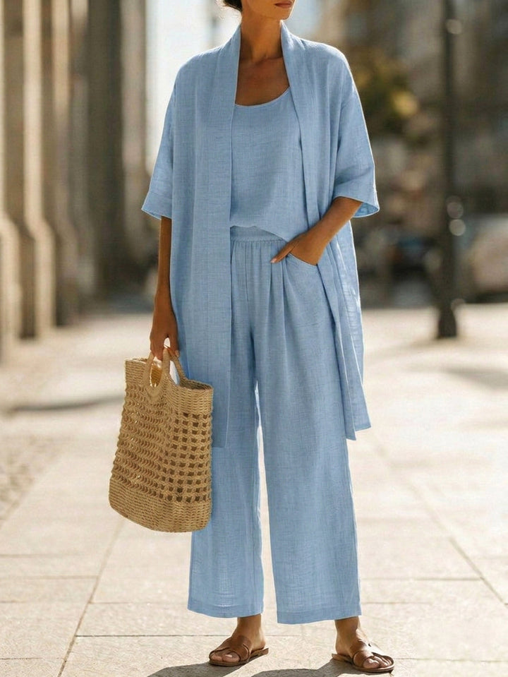 Women's Linen Blend 3 Piece Wide Leg Trouser Set with Open Front Cardigan