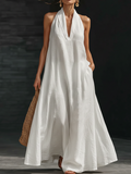 Women's Linen Halter Neck Backless Maxi Dress