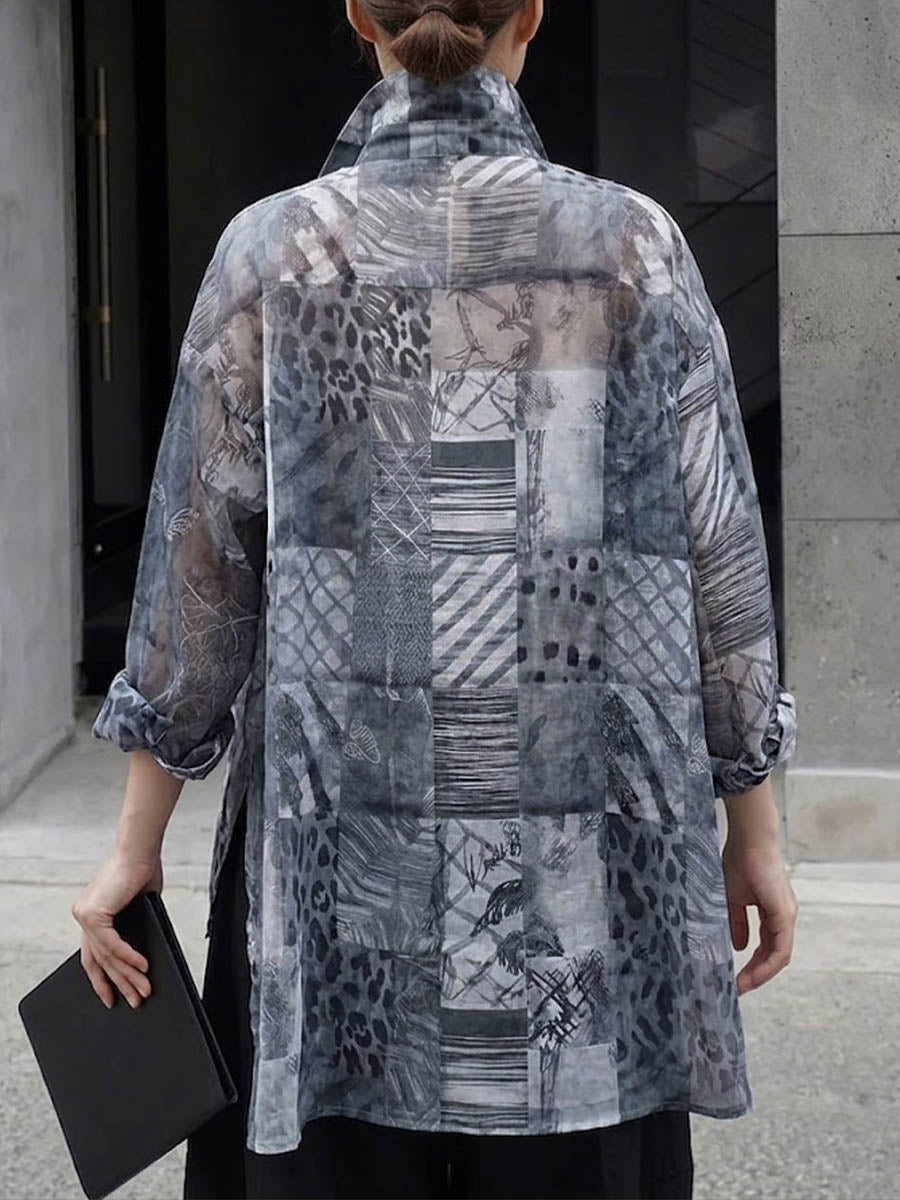 Women's Linen Blouse Sheer Patchwork Button Up Oversized High Low Shirt