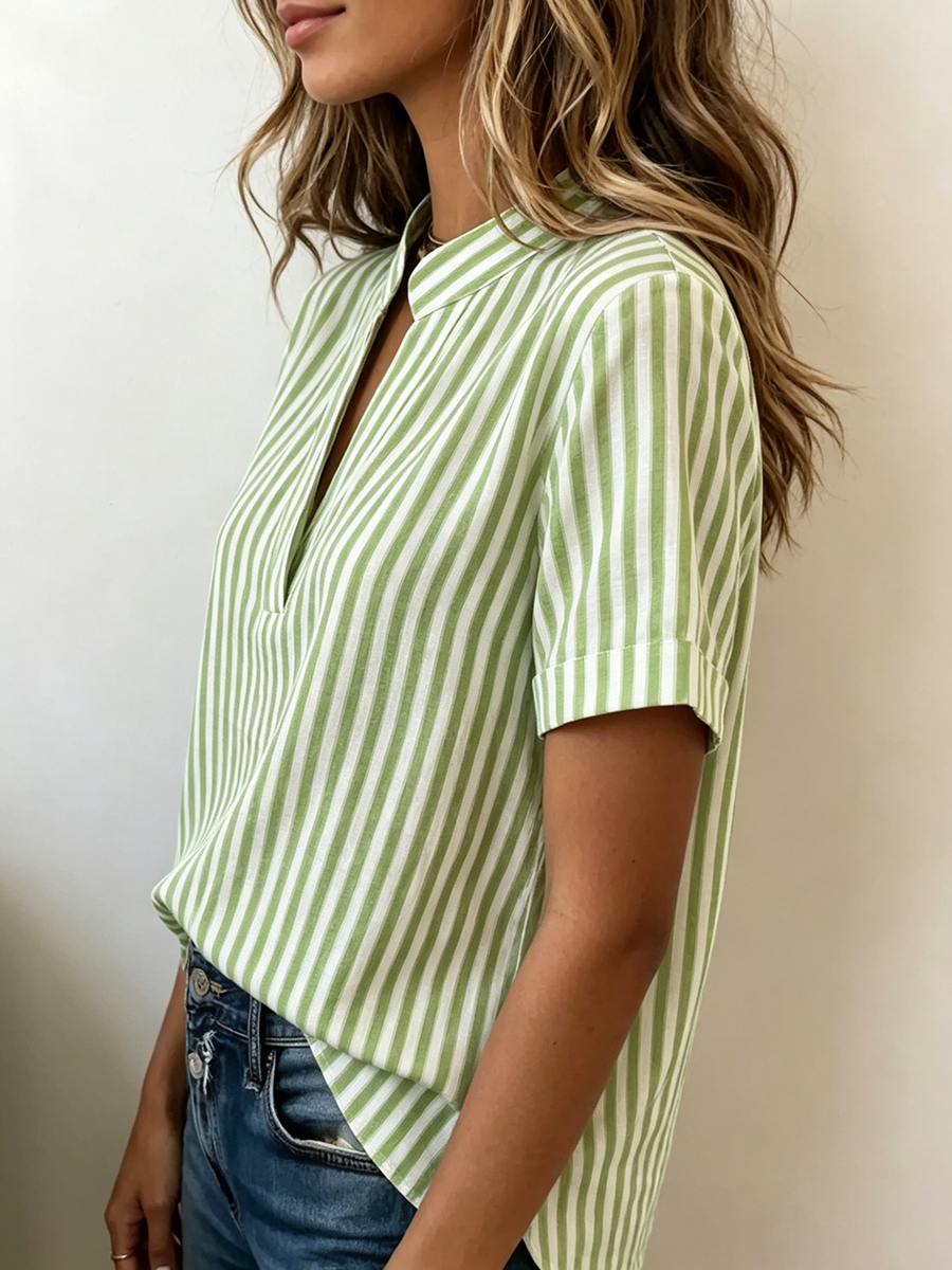 Women's Linen Striped V Neck Tunic Short Sleeve Blouse Top