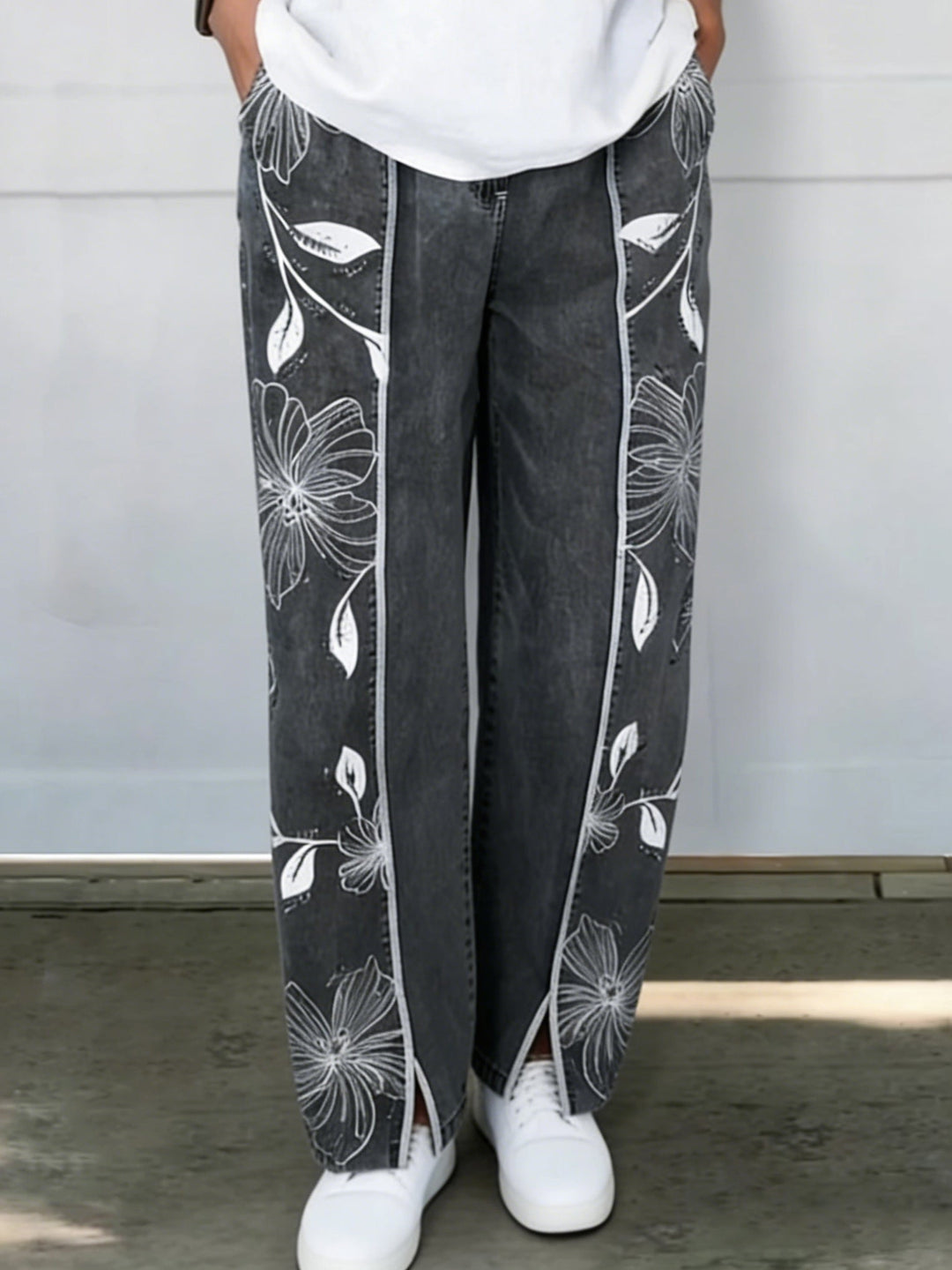 Women's Floral Embroidered Denim Wide Leg Jeans Linen Blend Pants