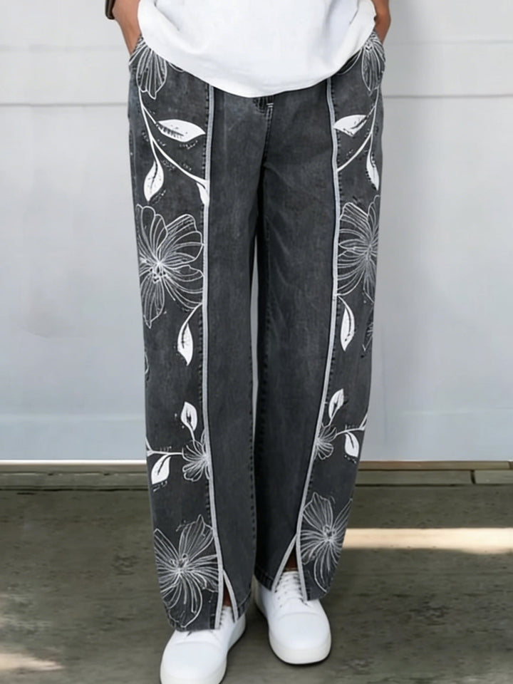 Women's Floral Embroidered Denim Wide Leg Jeans Linen Blend Pants