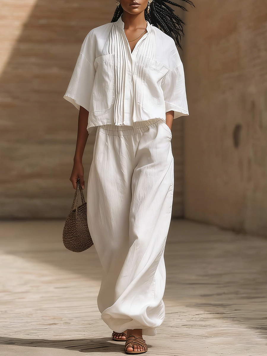 Women's Linen Two Piece Set Relaxed Fit Pleated Shirt and Wide Leg Trousers