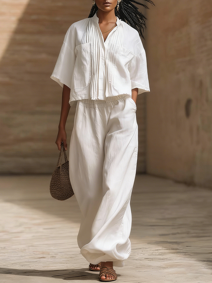 Women's Linen Two Piece Set Relaxed Fit Pleated Shirt and Wide Leg Trousers