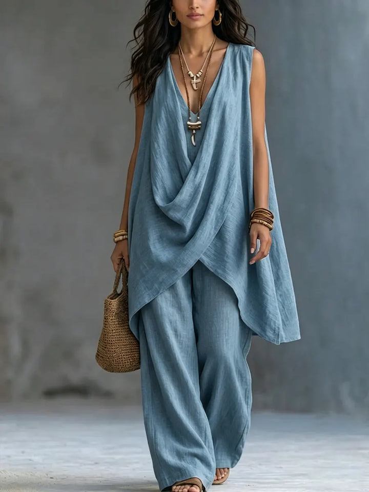 Women's Linen Two Piece Set Sleeveless Drape Top Wide Leg Trousers
