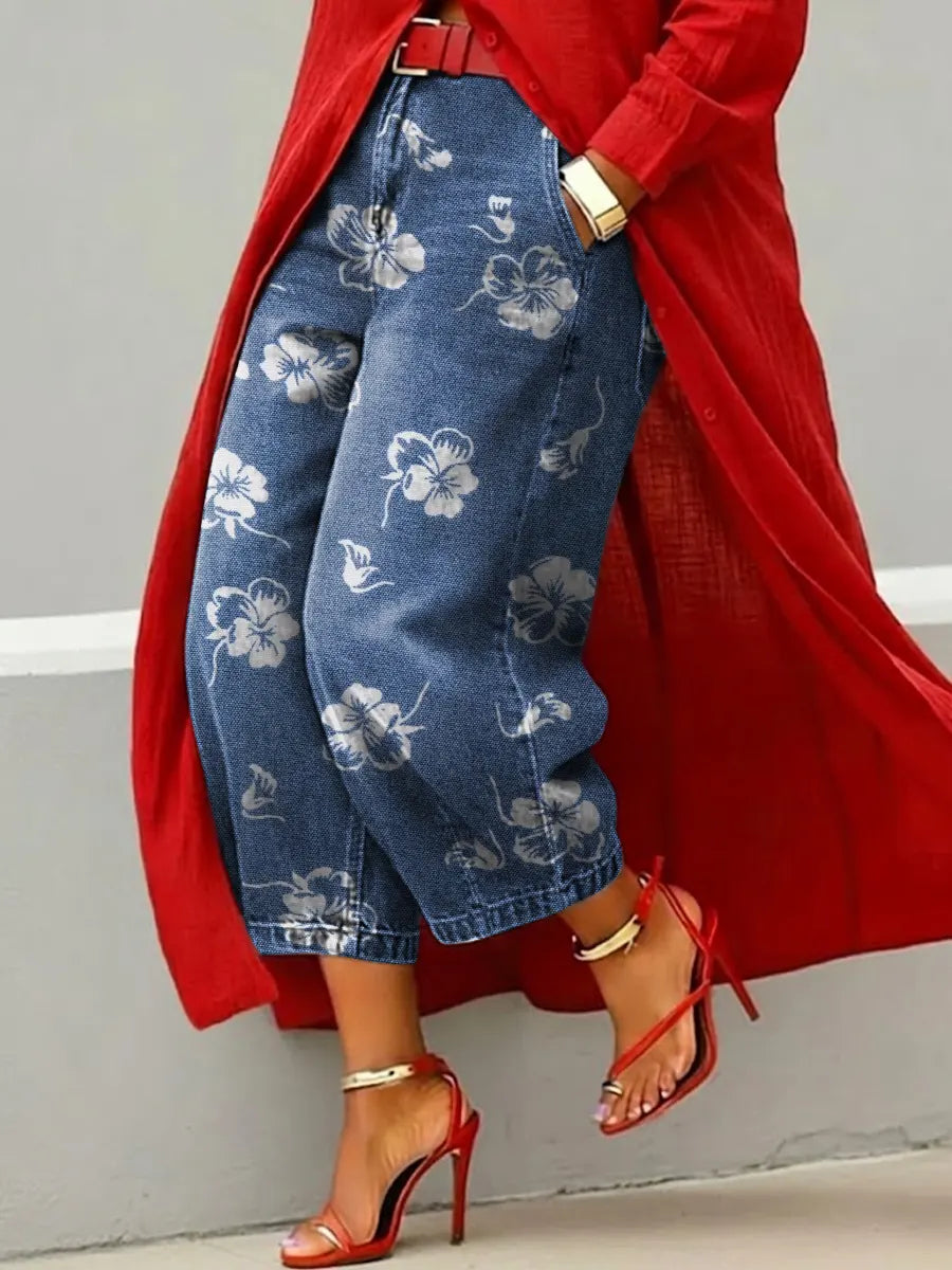 Women's Denim Wide Leg Floral Print Jeans