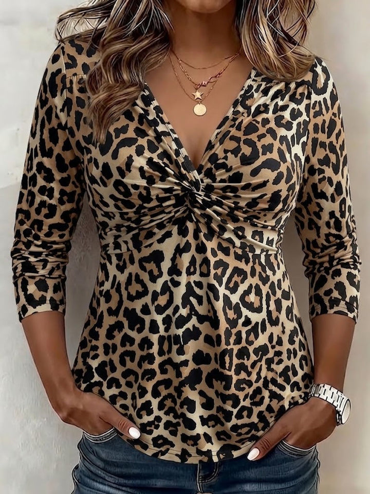 Blouse pour femme en maille à manches longues avec col en V et imprimé léopard