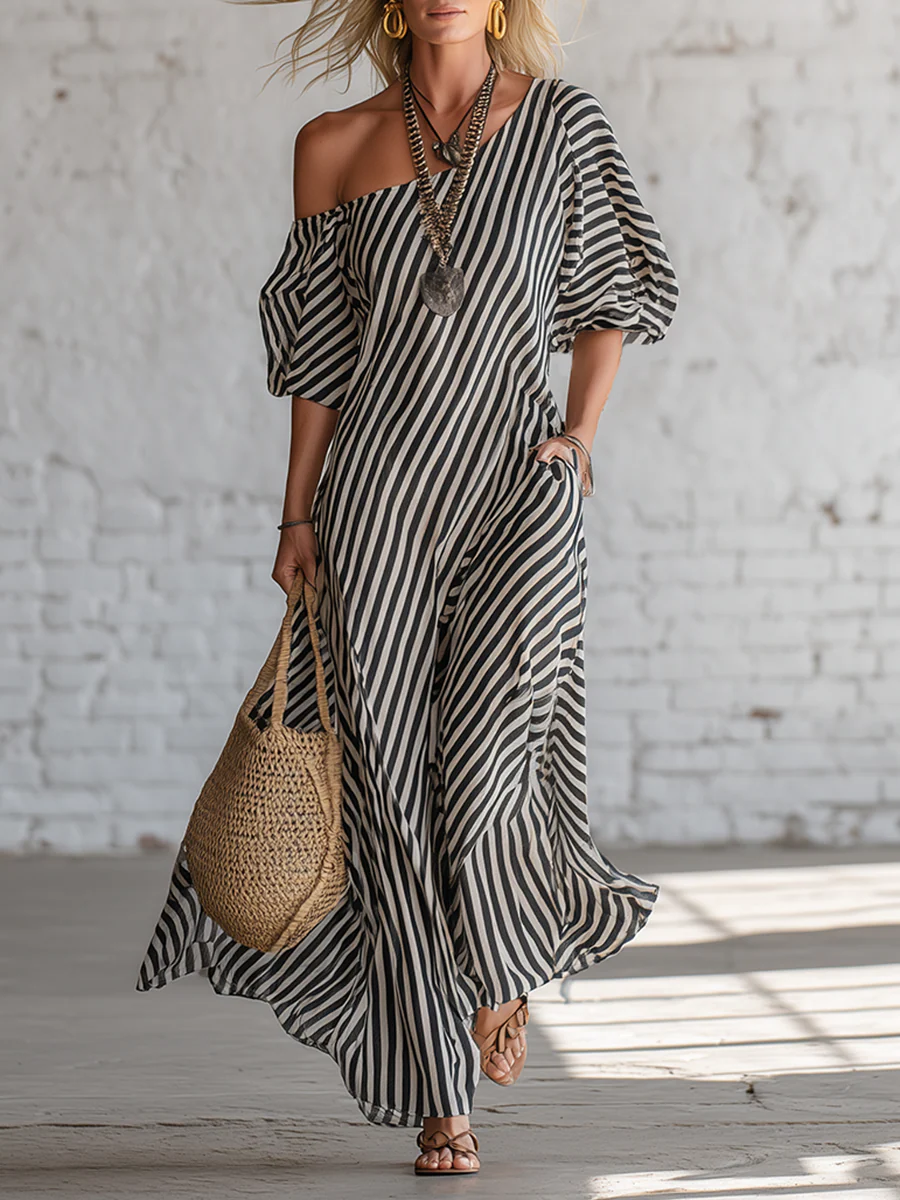Women's Linen Off the Shoulder Maxi Dress Striped Oversized Sun Dress
