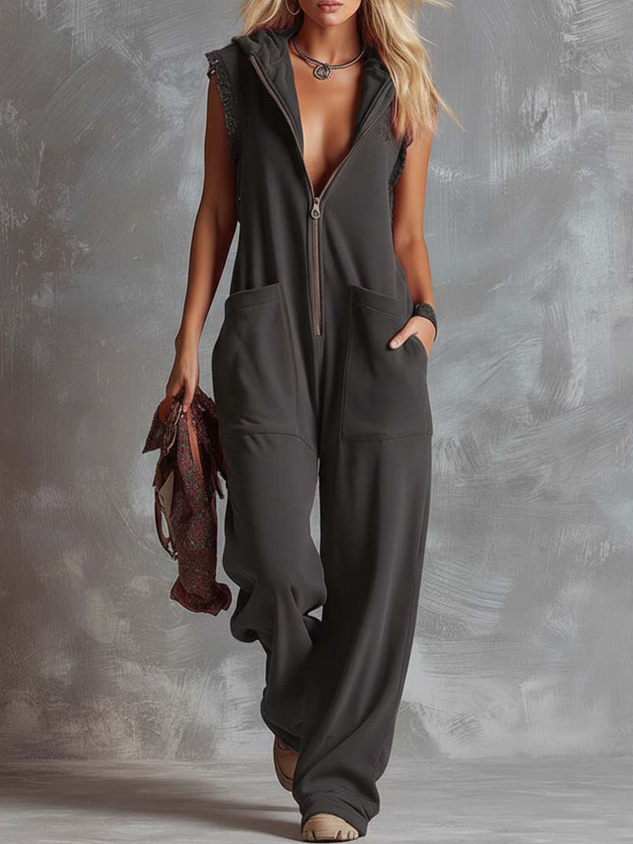 Women's Fleece Sleeveless Hooded Jumpsuit Wide Leg Romper