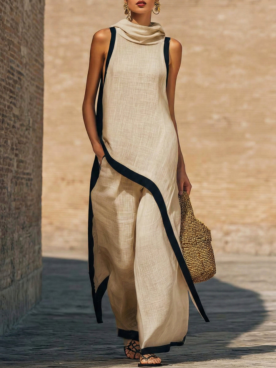 Women's Linen Sleeveless Hooded Knit Maxi Dress Two Piece Set
