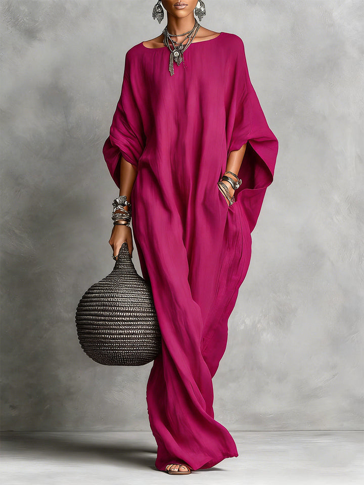 Women's Linen Maxi Kaftan Dress Bohemian Oversized Batwing Sleeve Long Gown