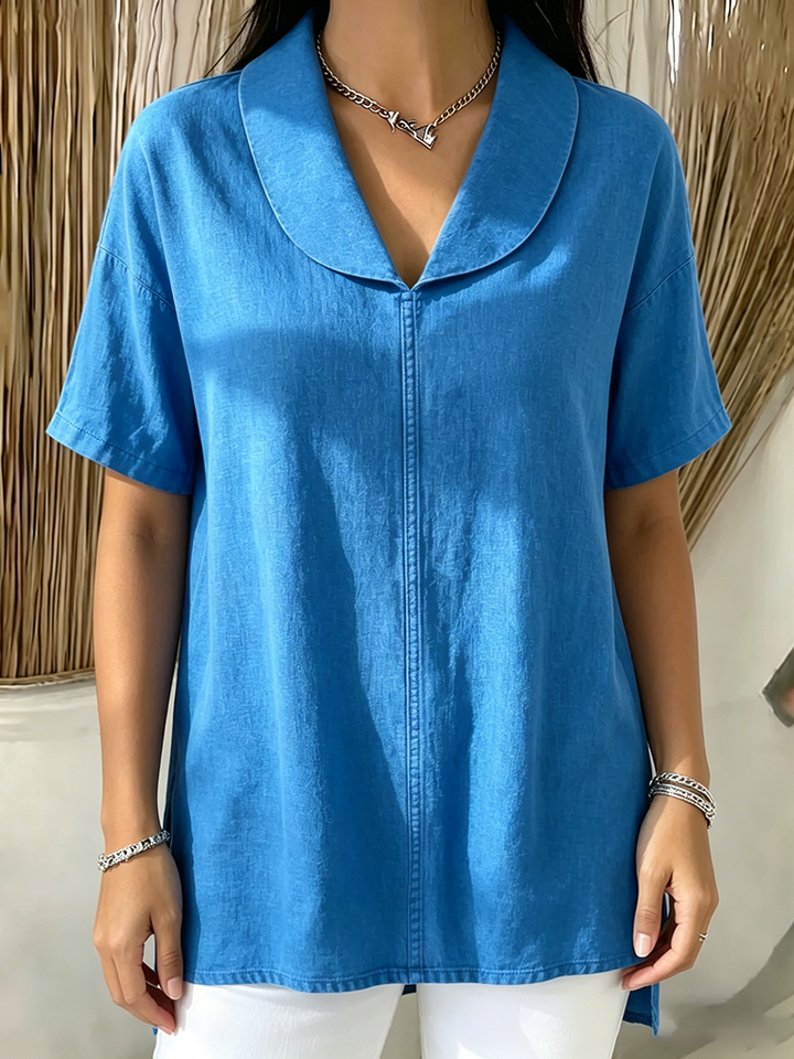 Women's Linen Blouse Short Sleeve V Neck Tunic Top