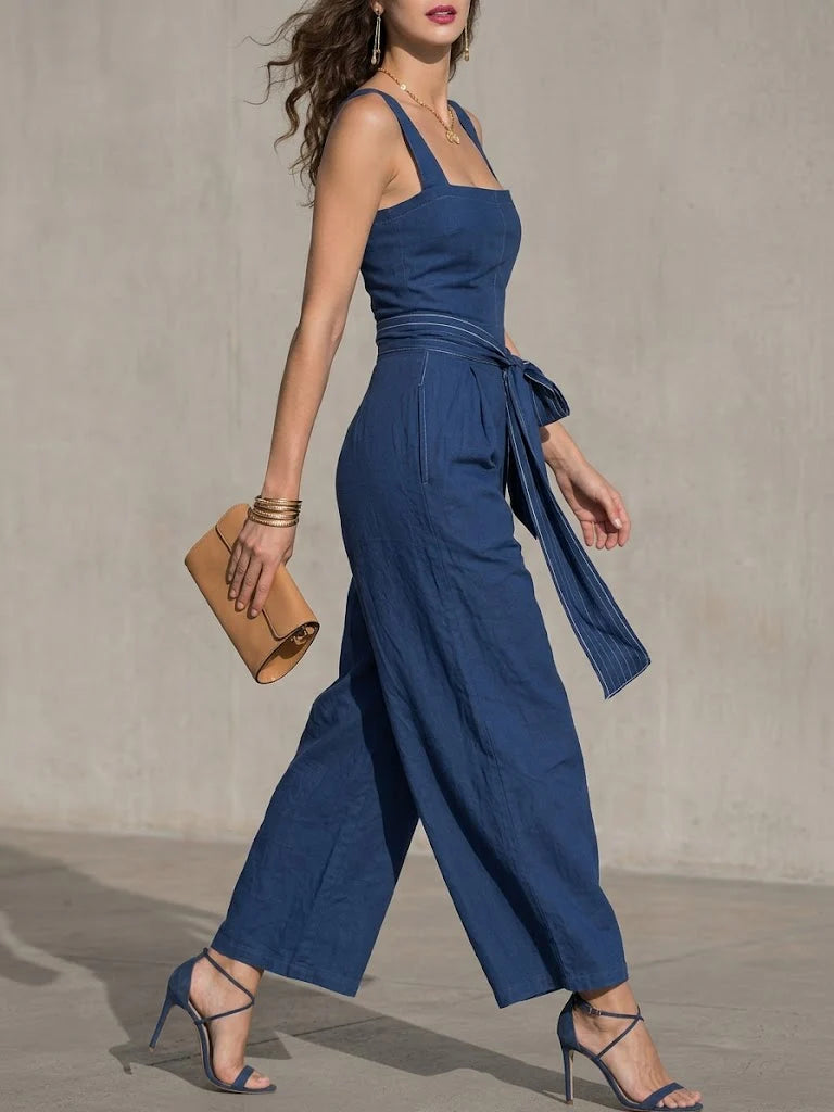 Women's Sleeveless Wide Leg Linen Romper Jumpsuit with Tie Waist