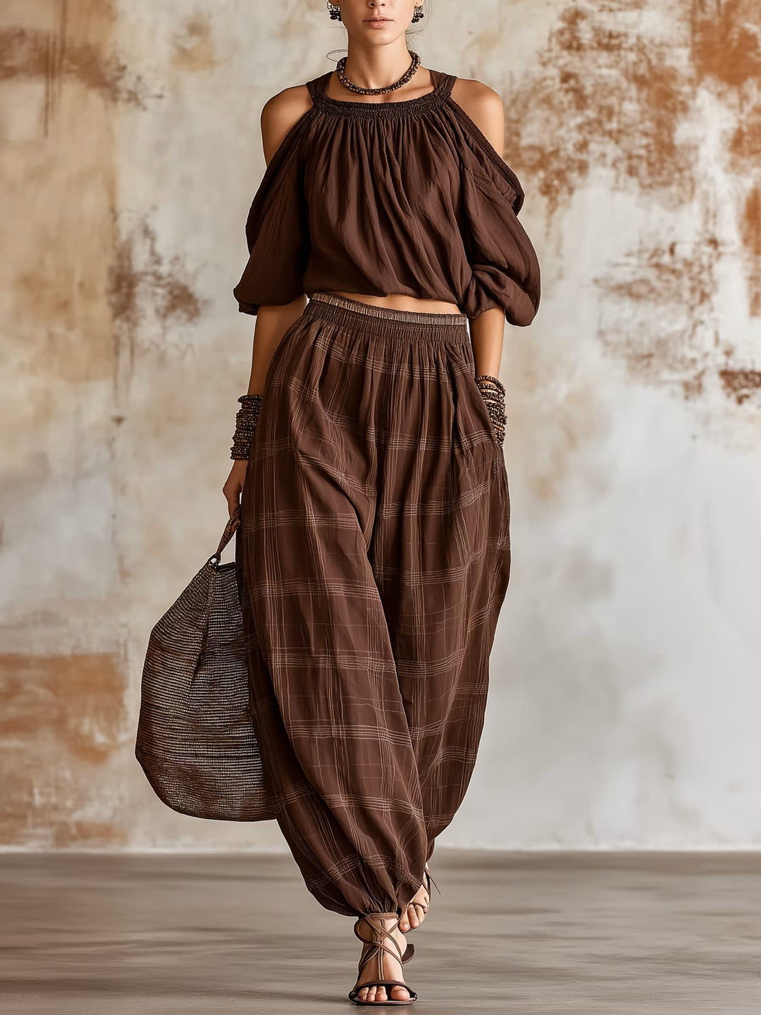 Women's Linen Off-the-Shoulder Top & Plaid Harem Style Two Piece Set