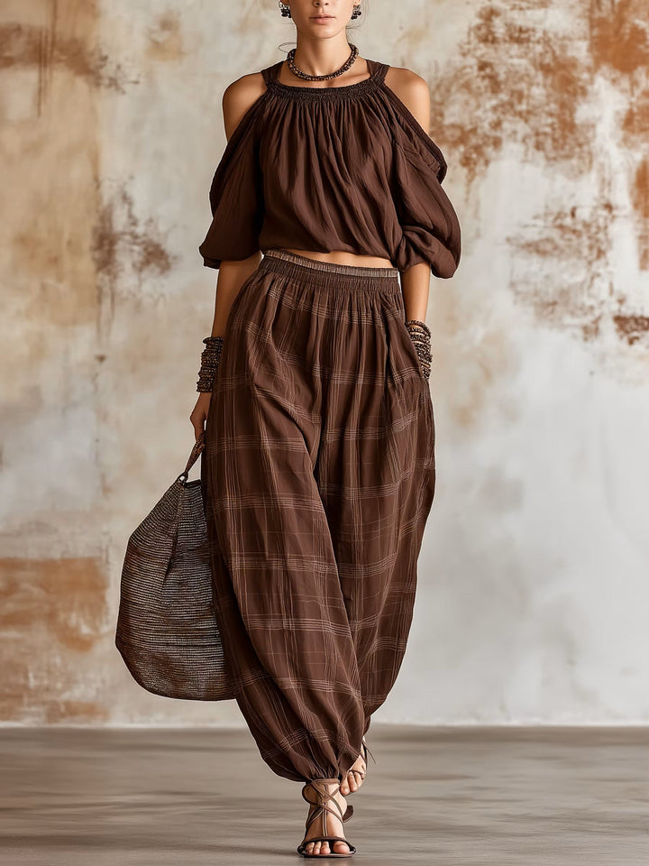 Women's Linen Off-the-Shoulder Top & Plaid Harem Style Two Piece Set