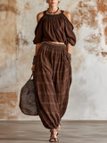 Women's Linen Off-the-Shoulder Top & Plaid Harem Style Two Piece Set