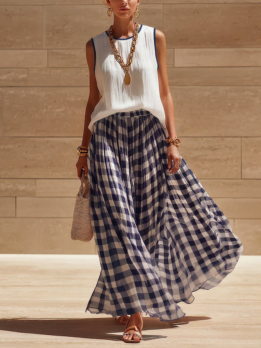 Women's Linen Gingham Sleeveless Top and High Waist Maxi Skirt Set