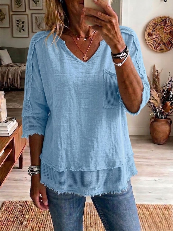 Women's Linen Blouse V-Neck 3/4 Sleeve Loose Fit Casual Tunic Top