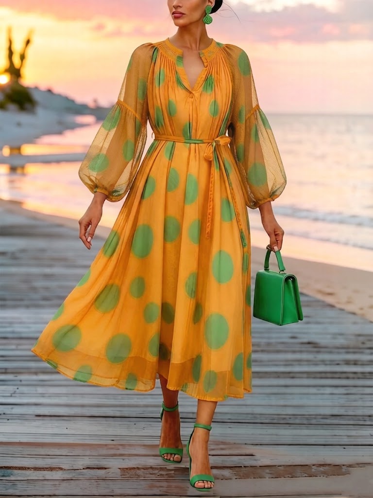 Women's Polka-Dot Print Three-Quarter Sleeve Chiffon Midi Dress