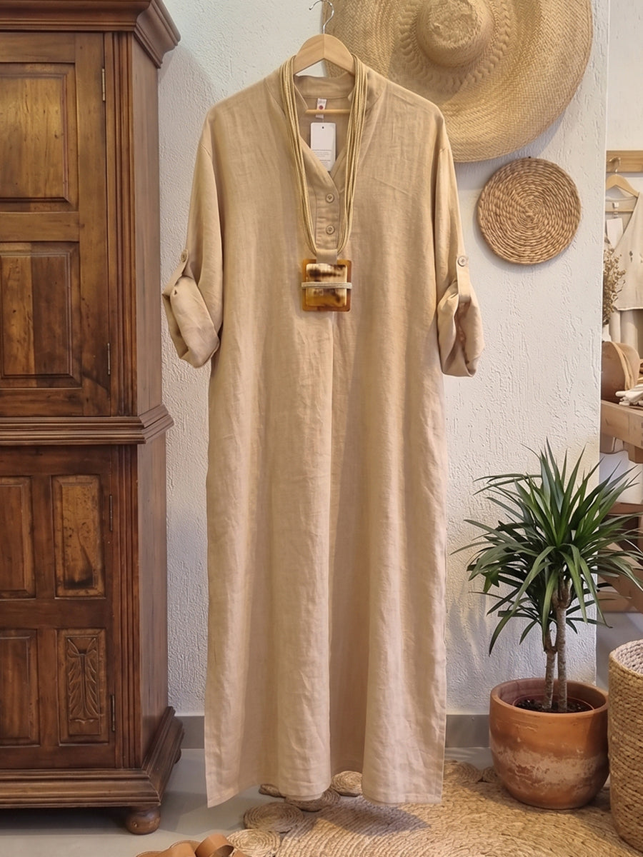 Women's V-Neck Long Sleeve Loose Fit Plain Linen Kaftan Maxi Dress