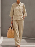 Women's Two Piece Linen Set Wide Leg Trousers and Button Down Shirt