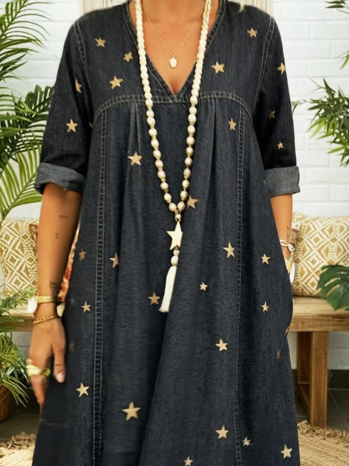 Women's Long-Sleeve Denim V-Neck Maxi Dress