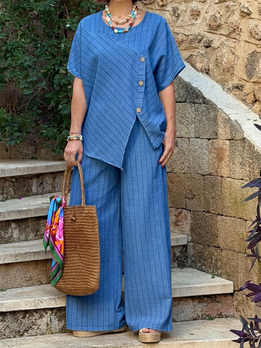 Women's Linen Two Piece Set Wide Leg Trousers and V-Neck Tunic Top