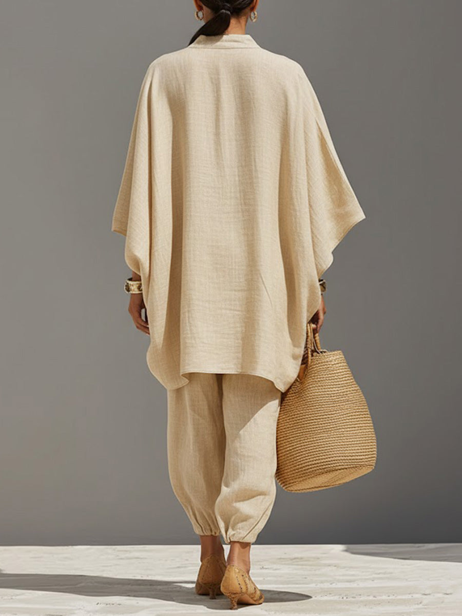 Women Linen V Neck Poncho Top and Joggers Two Piece Set