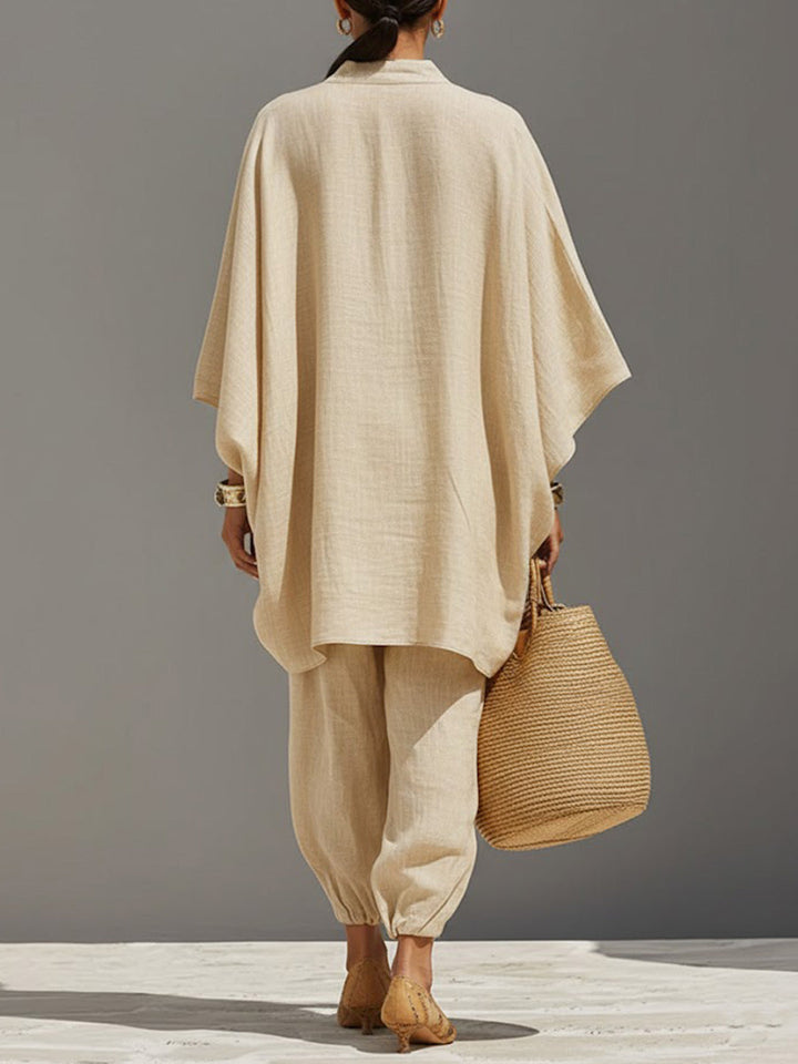 Women Linen V Neck Poncho Top and Joggers Two Piece Set
