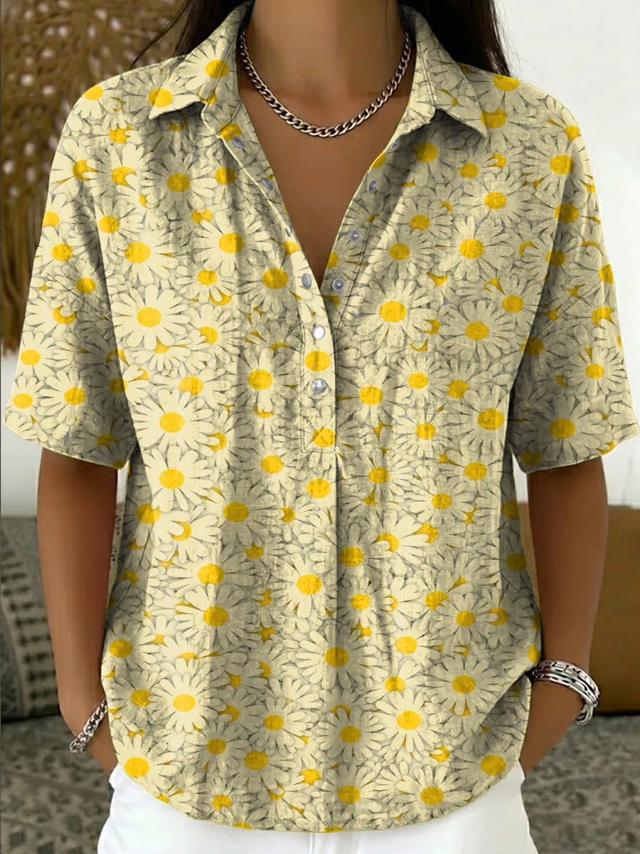 Women's Linen Floral Short Sleeve Shirt Button Up Blouse