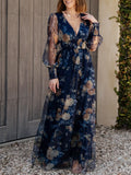 Women's Chiffon Floral Long Sleeve V-Neck Maxi Dress