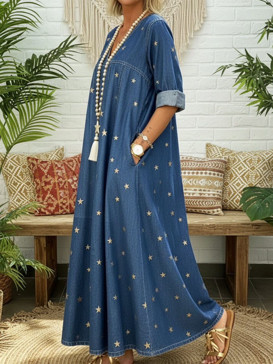 Women's Long-Sleeve Denim V-Neck Maxi Dress