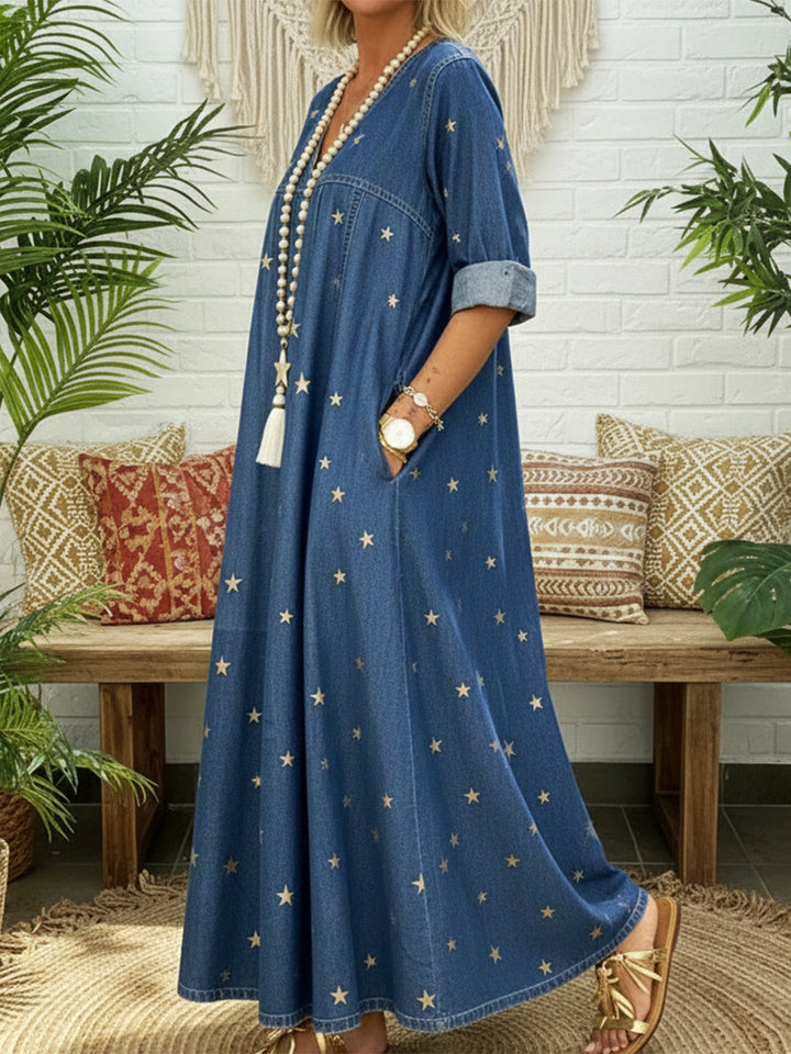 Women's Long-Sleeve Denim V-Neck Maxi Dress