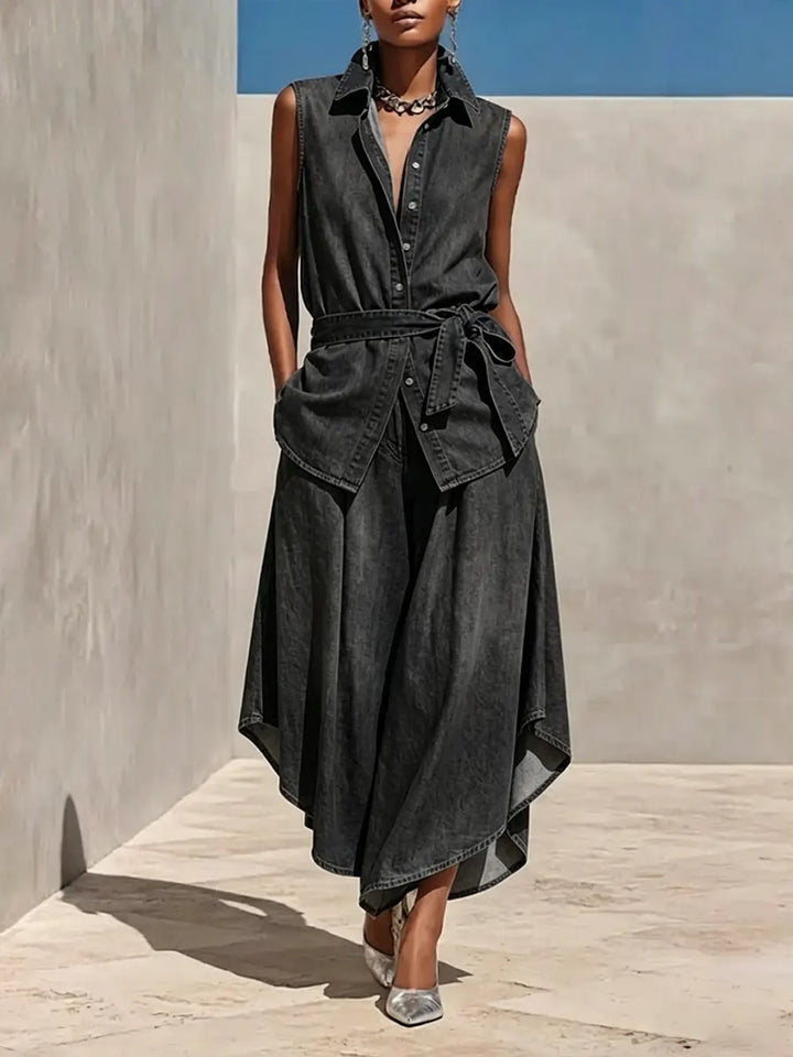 Women's Denim Sleeveless Shirt and Wide Leg Pants Set