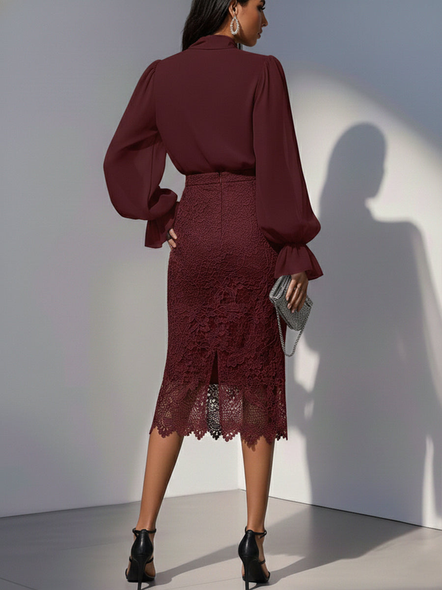 Women's Lace Skirt and Chiffon Blouse Set