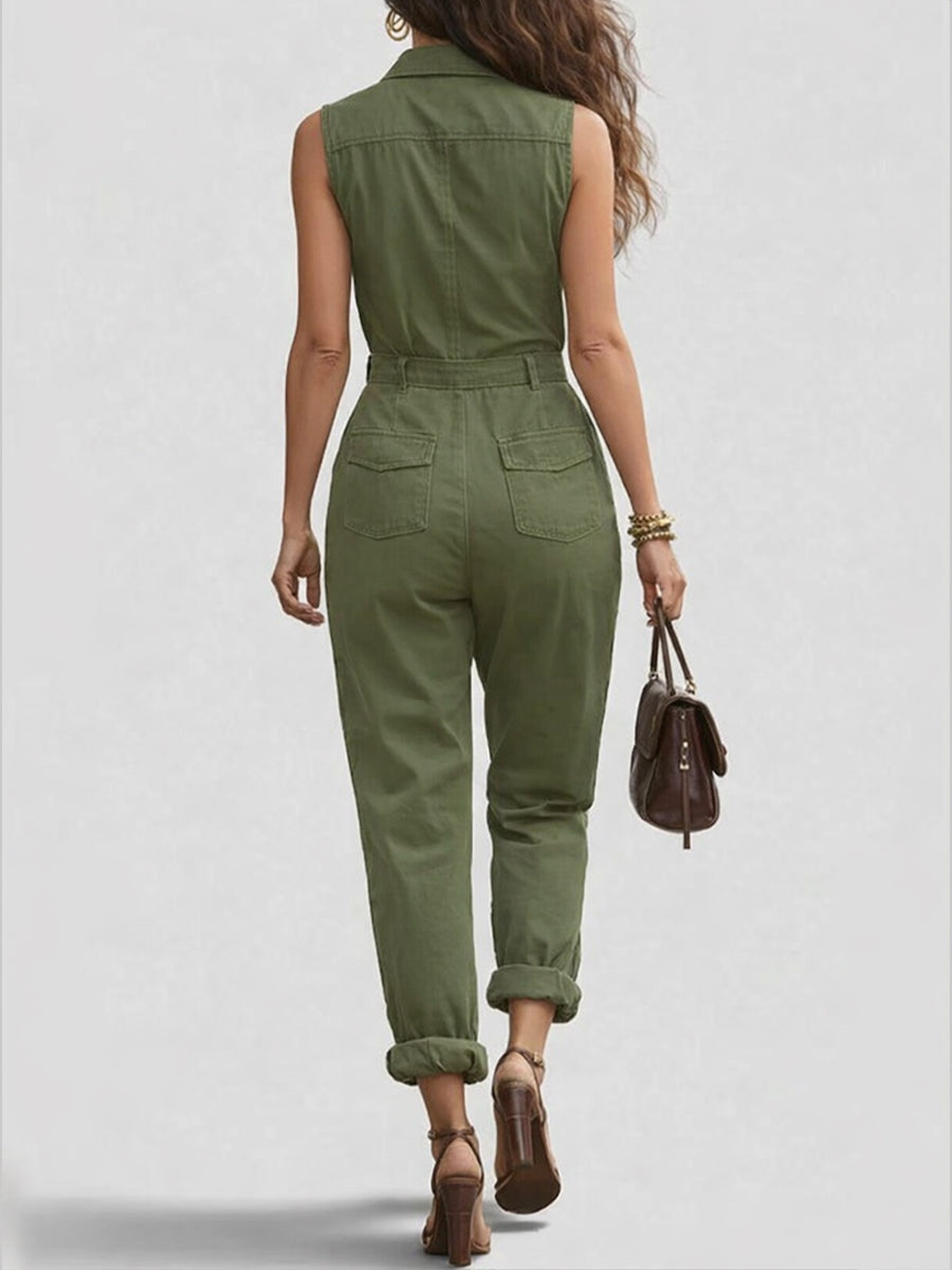 Women's Denim Sleeveless Jumpsuit One-Piece Romper with Zip Front