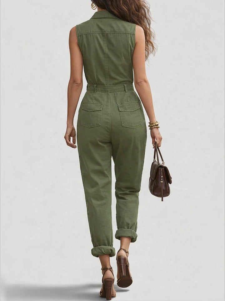 Women's Denim Sleeveless Jumpsuit One-Piece Romper with Zip Front