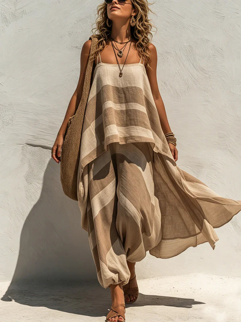 Women's Linen Striped Cami Cardigan & Harem Pants Set