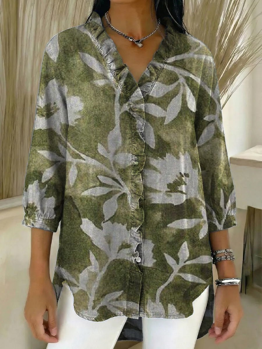 Women's Linen Blouse High Low Floral V-Neck 3/4 Sleeve Tunic Top